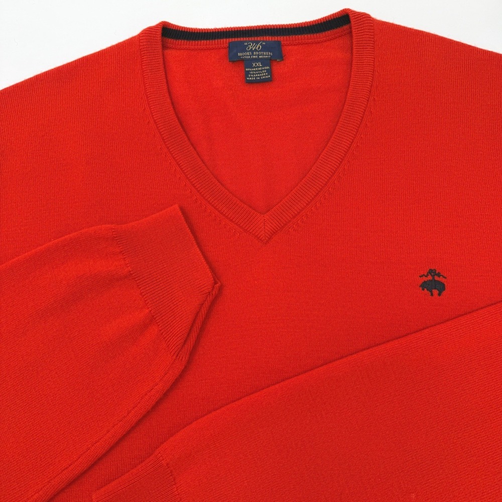 Brooks Brothers 346 Mens XXL Red Extra Fine Merino Wool V-Neck Sweater Logo
